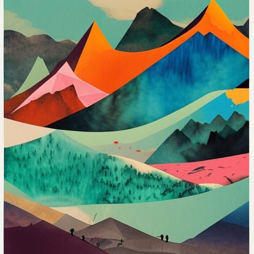 Colorful Mountain Collage in Mixed Media Style