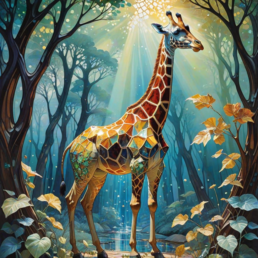Giraffe in Glass Dress in Mystical Forest