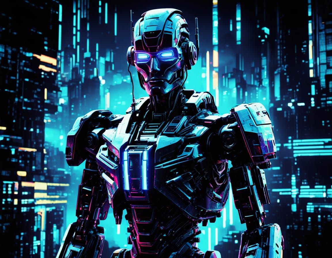 Futuristic Robot Malfunction in Neon Glitch Art