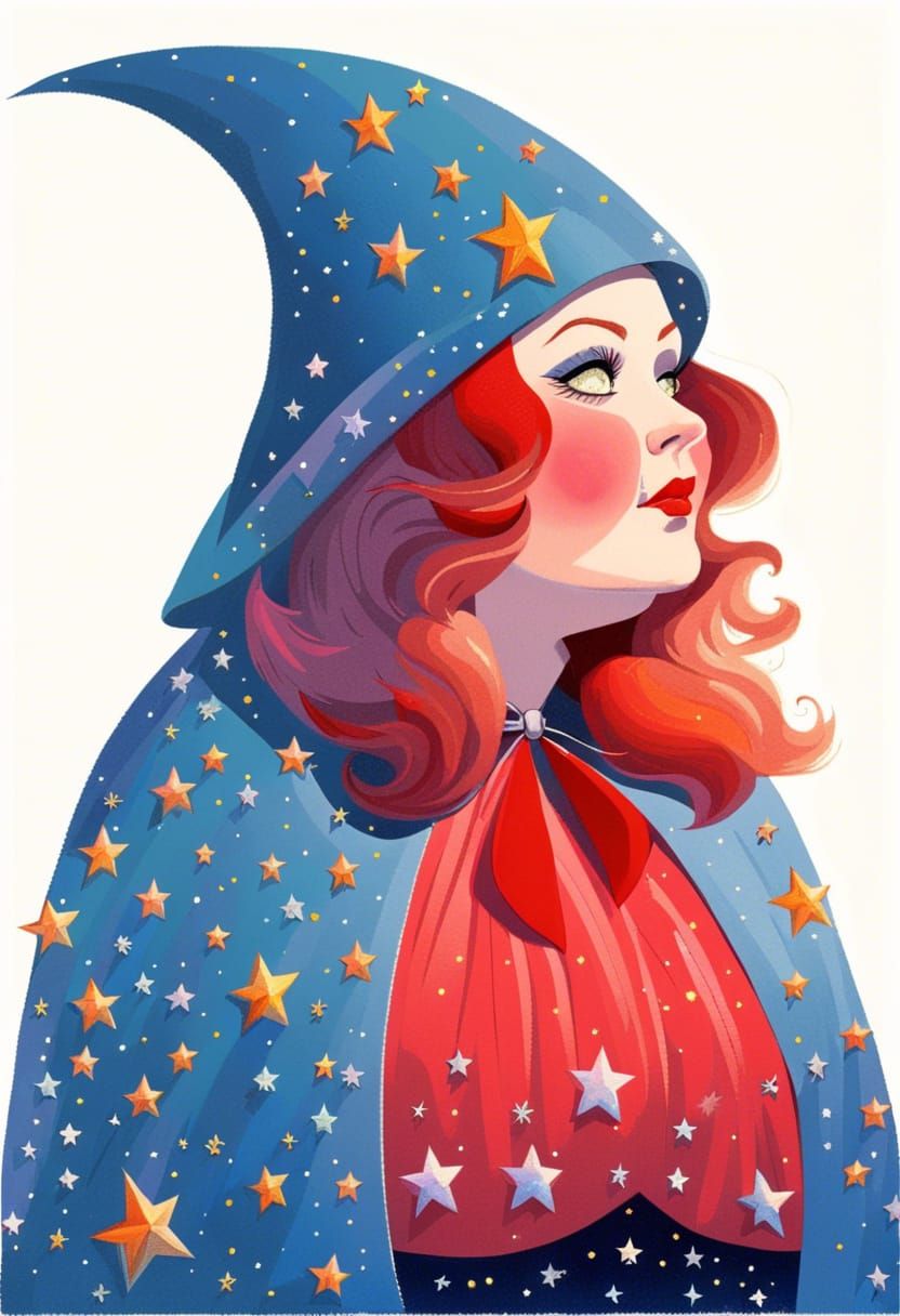 Obese Witch Portrait with Starry Cape, Chiaroscuro Lighting