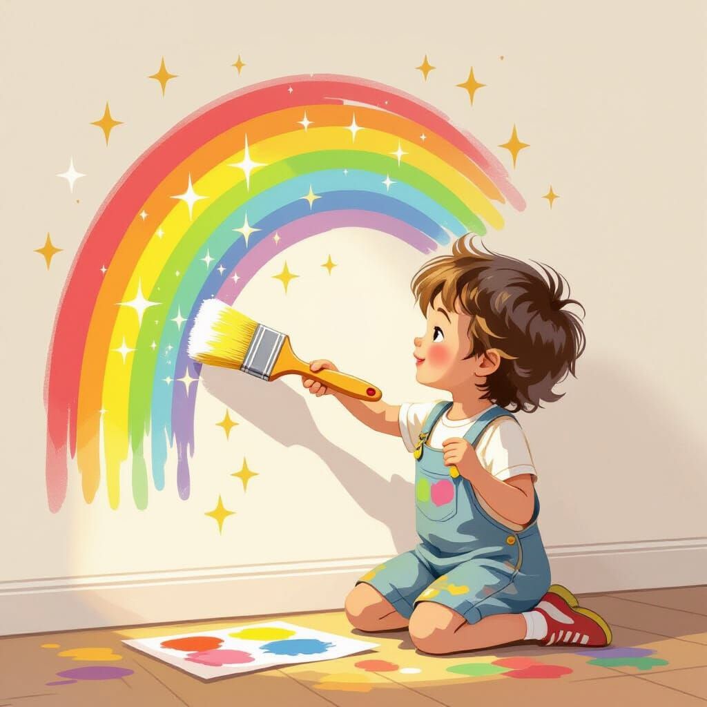 Joyful Child Paints Magical Rainbow in Storybook Style