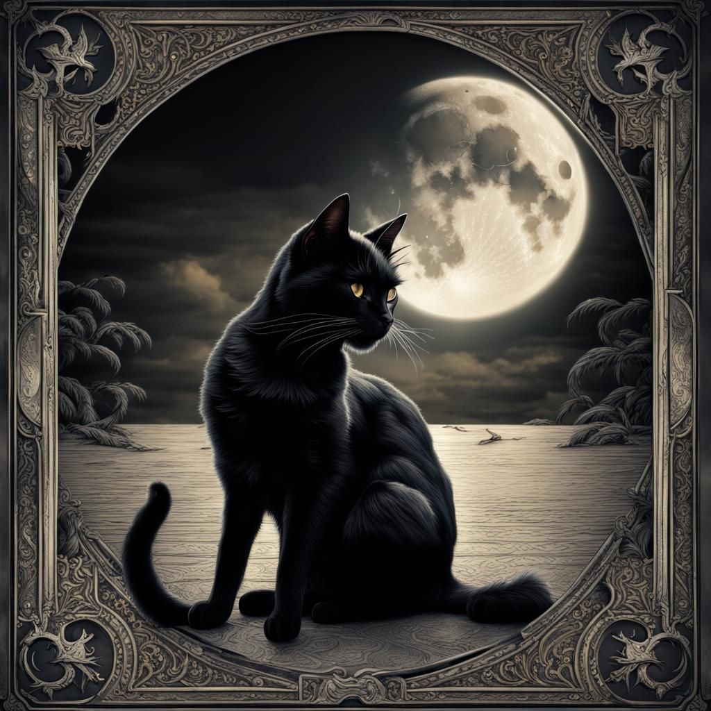 Black Cat and Moon Tarot Card Style
