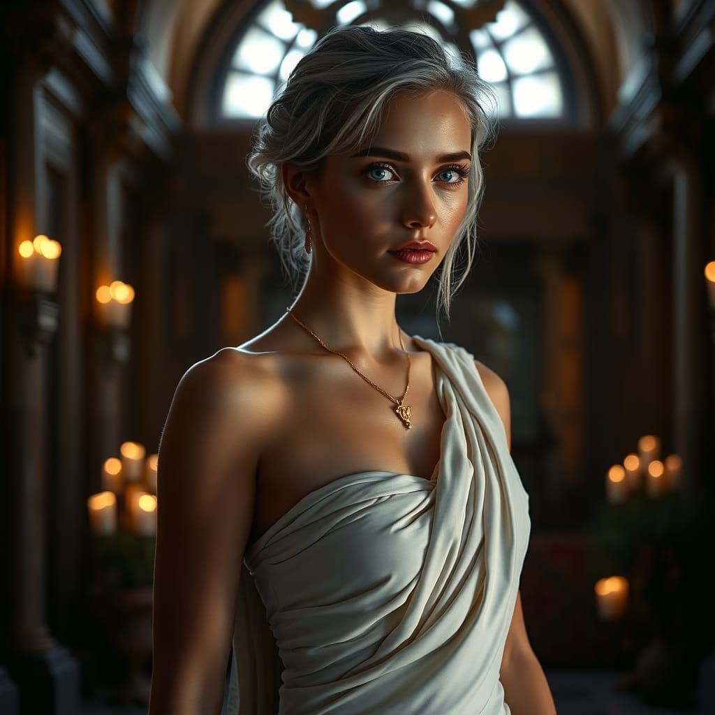 Elegant Woman in Roman Villa, Film Noir Style