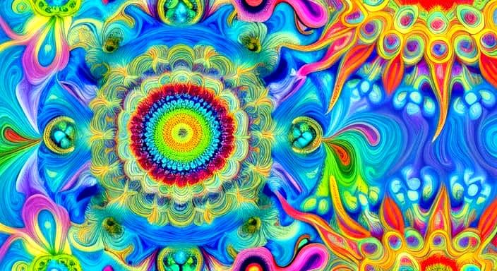 Kaleidoscopic Garden with Flowing River and Geometric Shapes