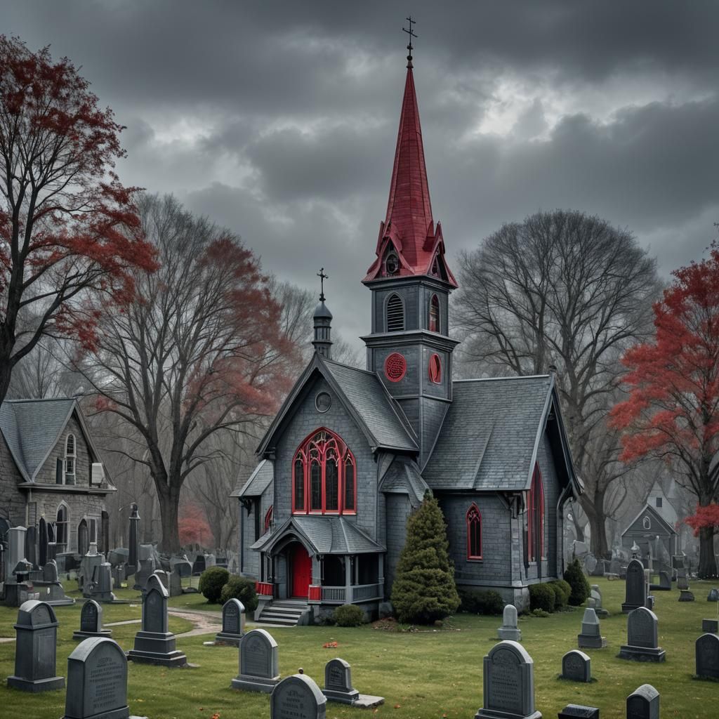 Victorian Gothic Chapel with Red Doors, Hyperrealistic