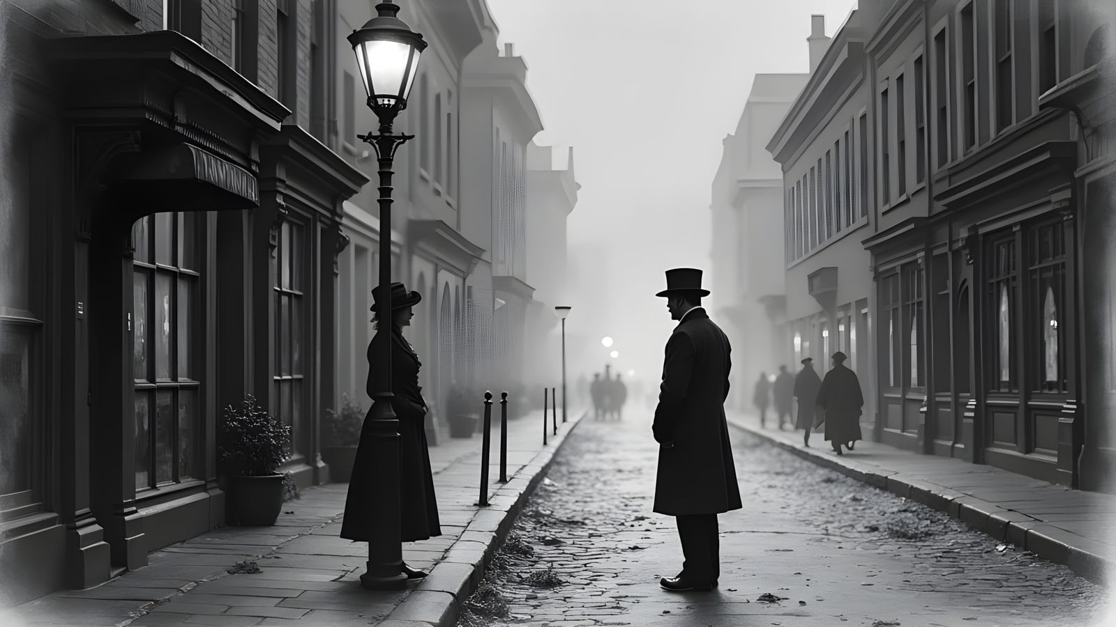 Mysterious Victorian Street Scene at Night in Charcoal