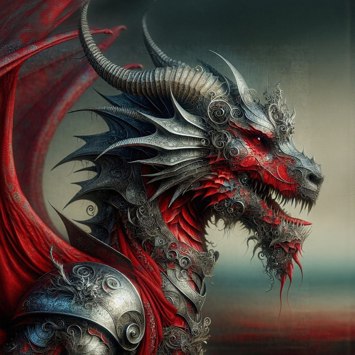 Red Dragon in Silver Armor, Gothic Fantasy Art