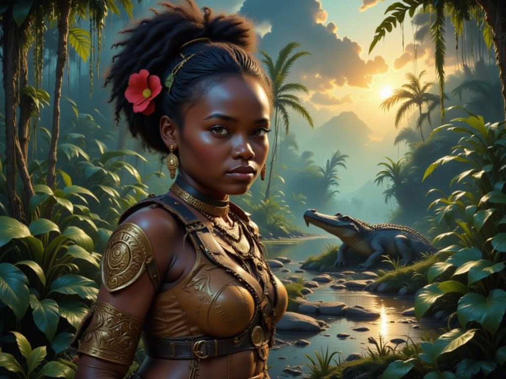 African Warrior Protects Princess from Crocodile in Jungle