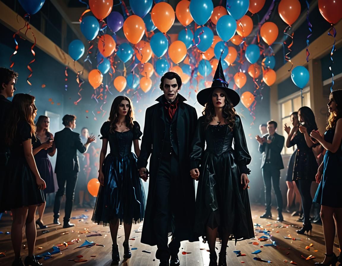 Cinematic Vampire and Witch at Halloween Dance