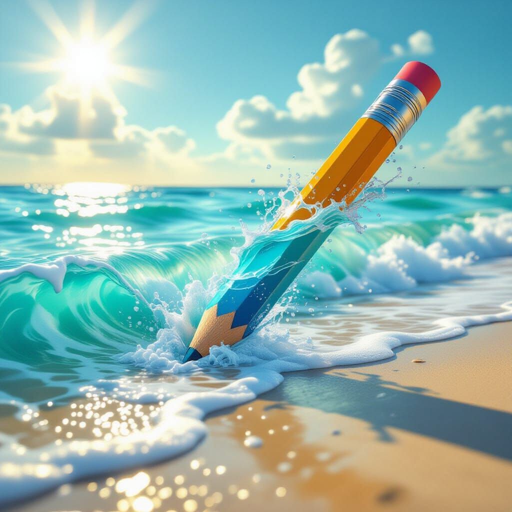 Pencil Transforms Into Vibrant Turquoise Ocean Landscape