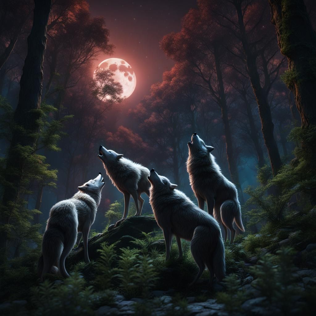 Wolves Howling at Moon in Dense Forest