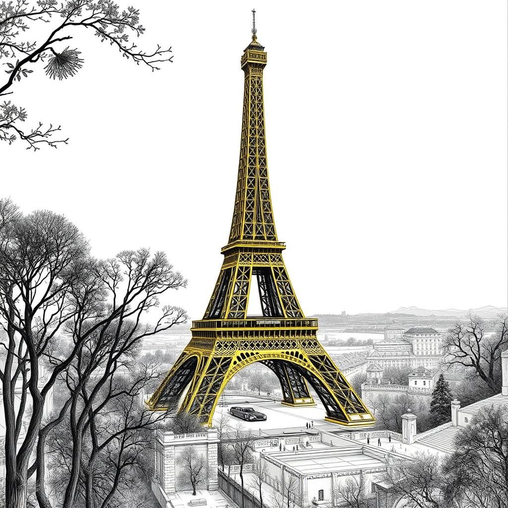 Eiffel Tower Line Art in Renaissance Style