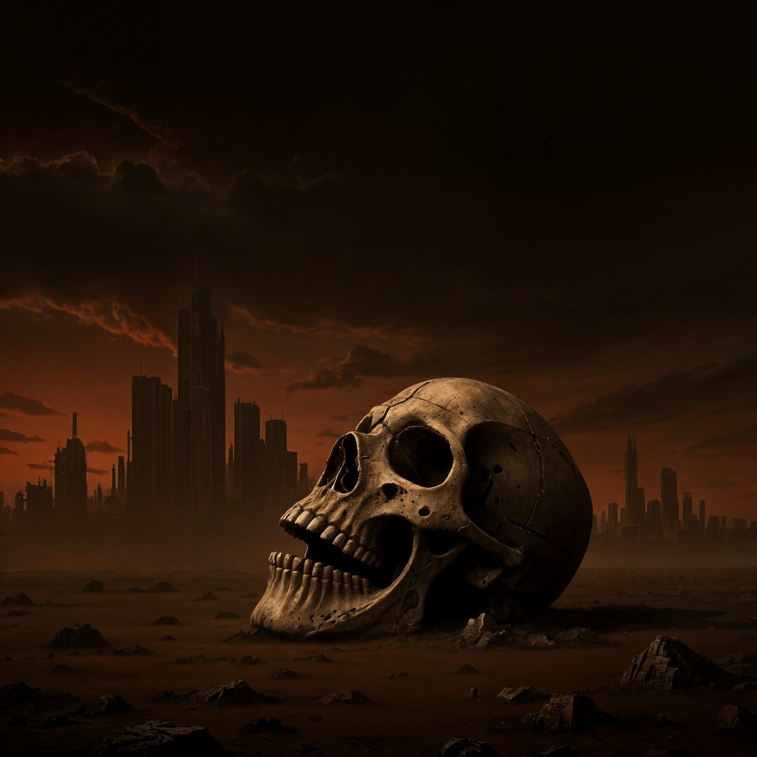 Skull on Windswept Plain Before Futuristic City