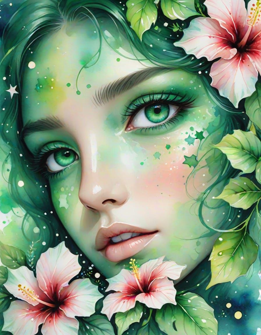 Emerald Eyes with Hibiscus in Watercolor Splash Art
