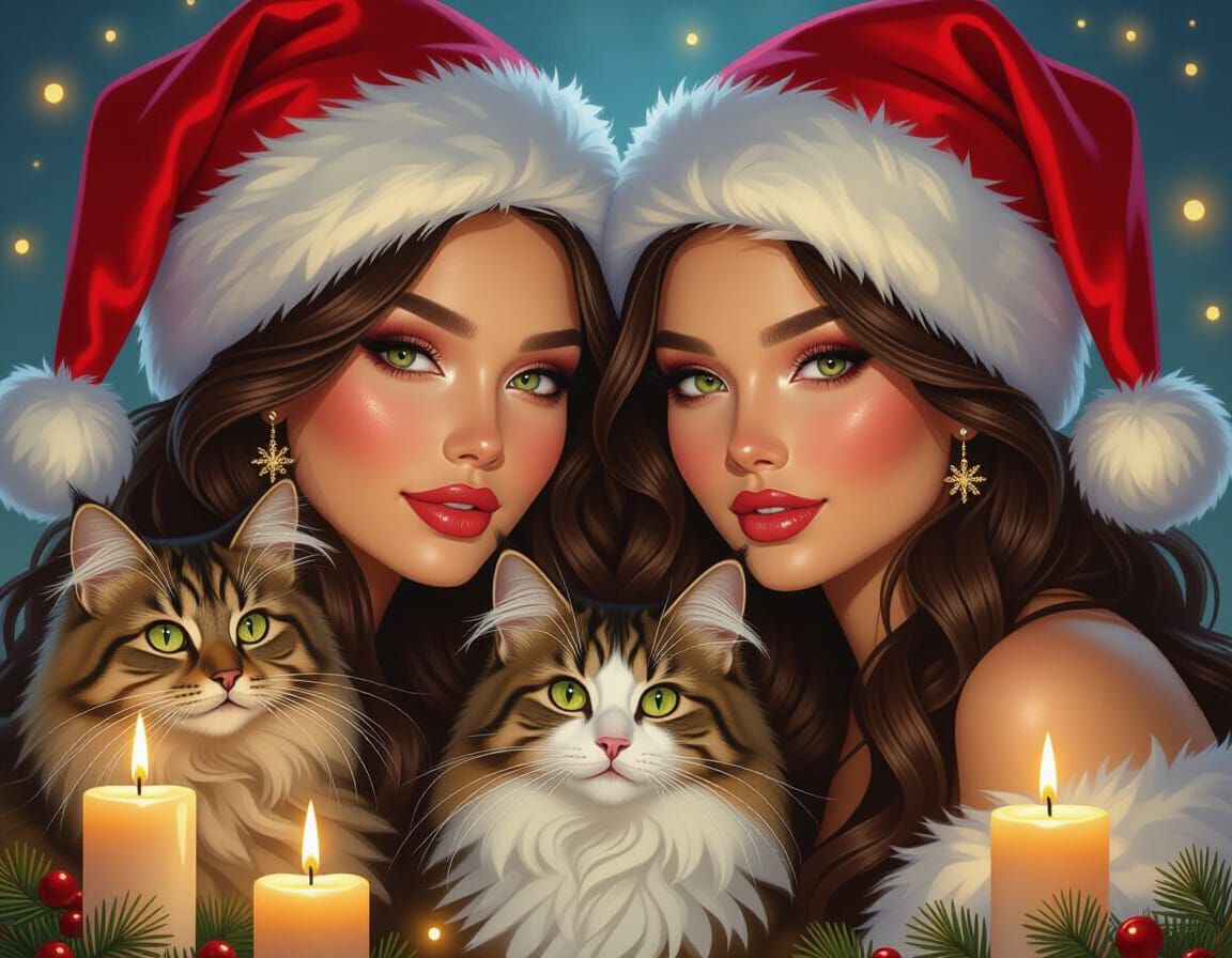 Beautiful Women with Cats, Candles & Santa Hats in Fantasy A...