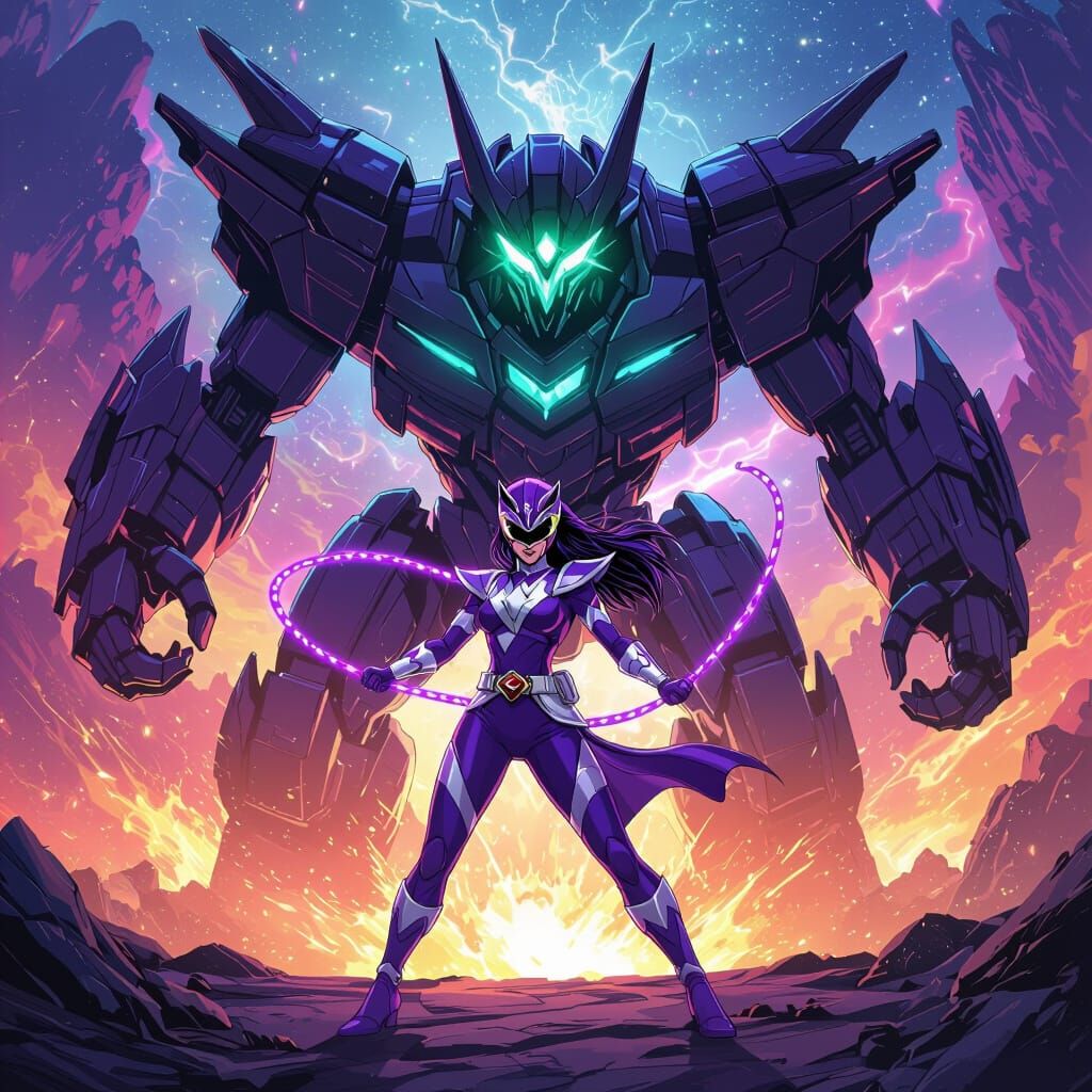 Purple Wolf Power Ranger with Magical Whip and Zord