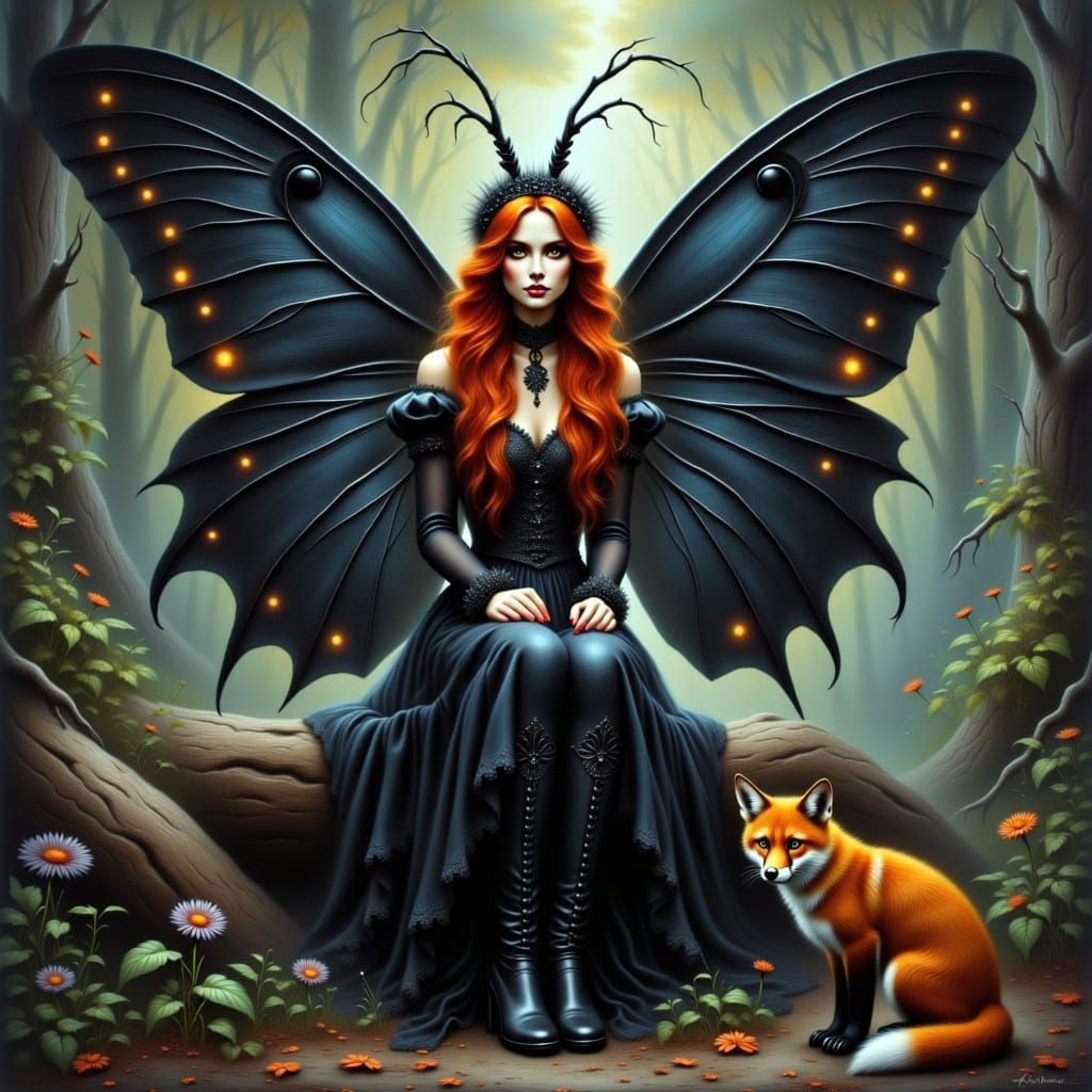Ethereal Red-Haired Fairy with Moth Wings