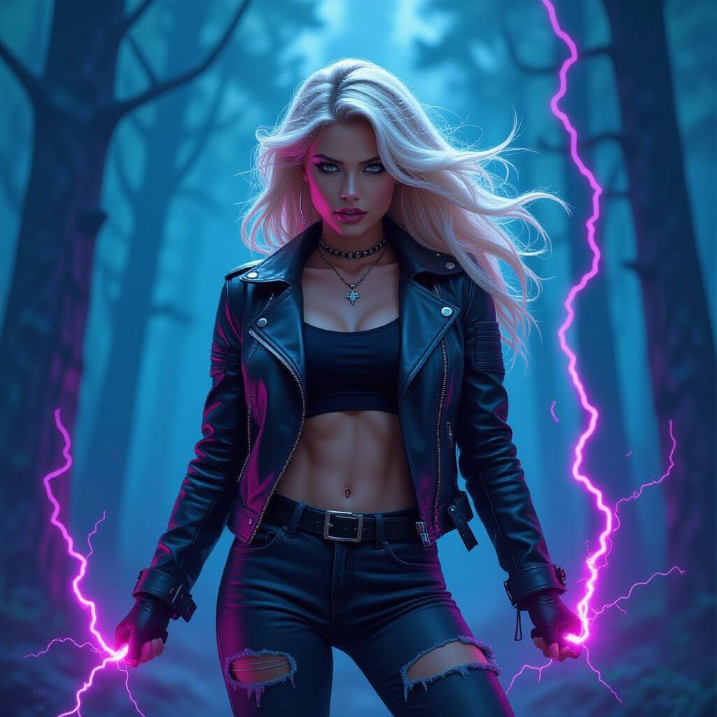 Cyberpunk Witch Casting Lightning Spells in Neon Forest