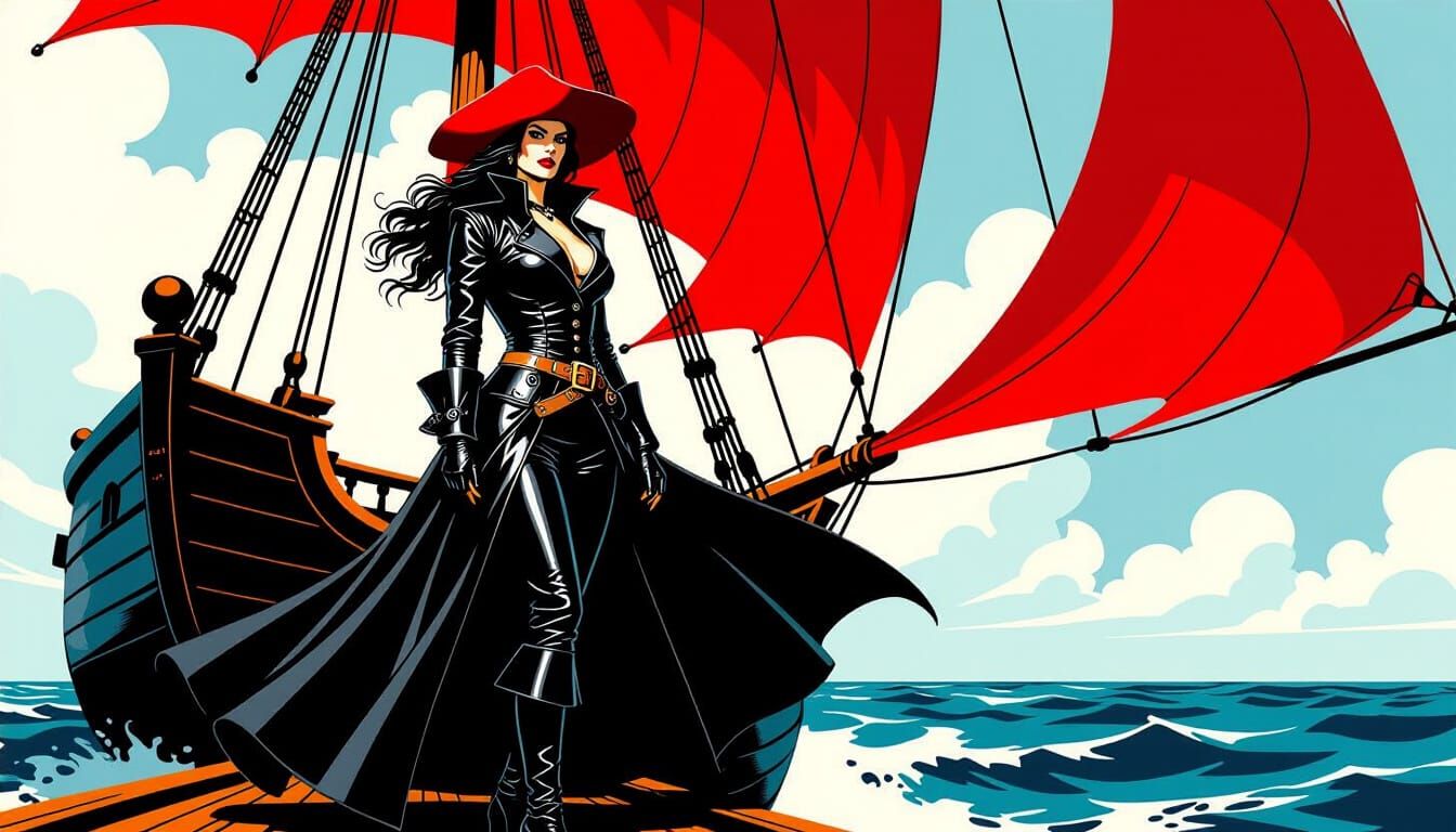 Pirate Queen on Black Ship, Frazetta-Inspired Art