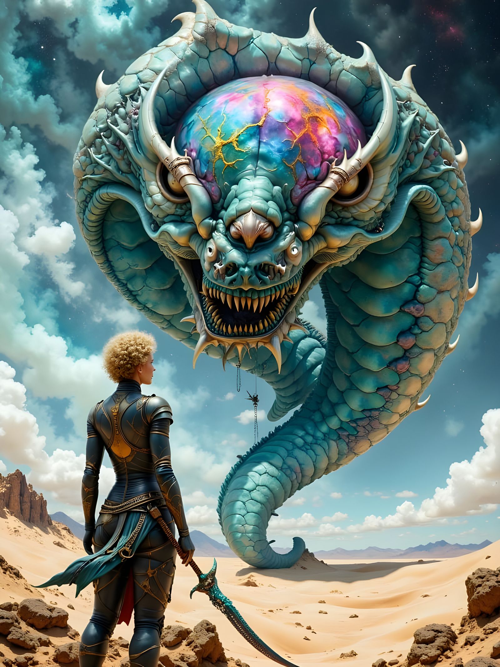 Epic Warrior Confronts Turquoise Serpent in Gritty Analog Re...