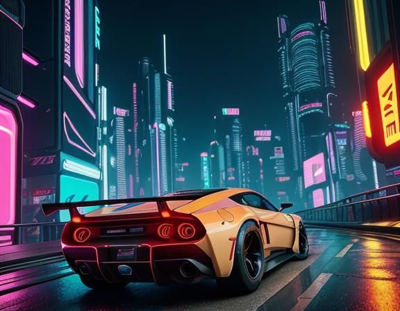 Cyberpunk Cityscape at Sunset with Sports Car