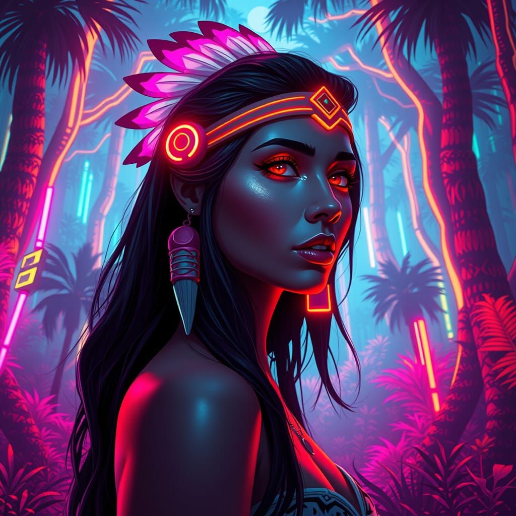 Neon Adorned Woman in Futuristic Forest