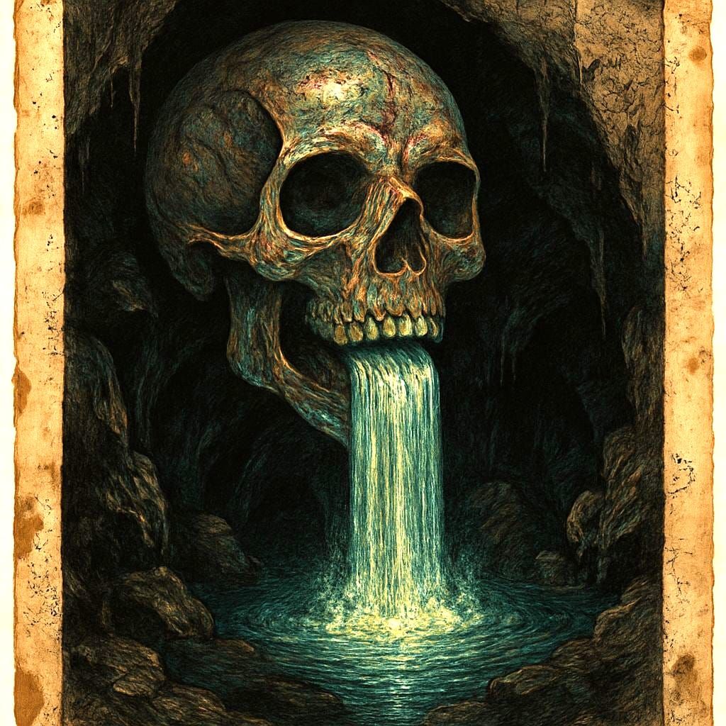 Iridescent Skull Waterfall in Hidden Grotto