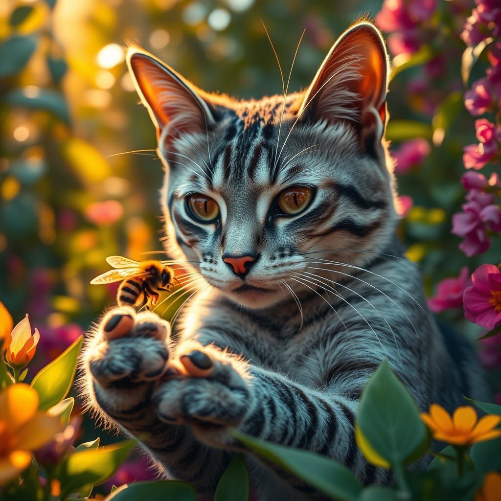 Silver Black Cat Chasing Bee in Sunlit Garden