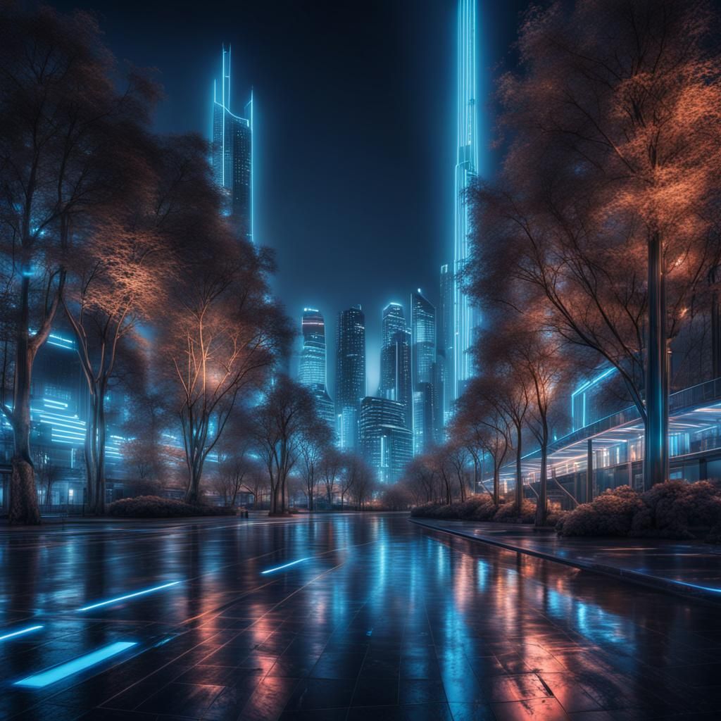 Futuristic City at Night with Neon Lights