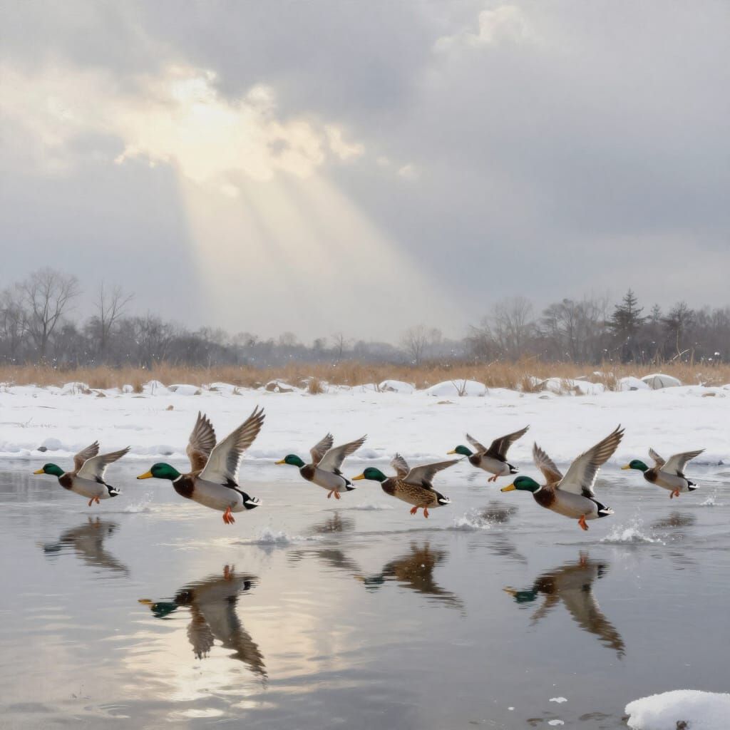 Mallard Ducks Take Flight Over Snowy Marsh