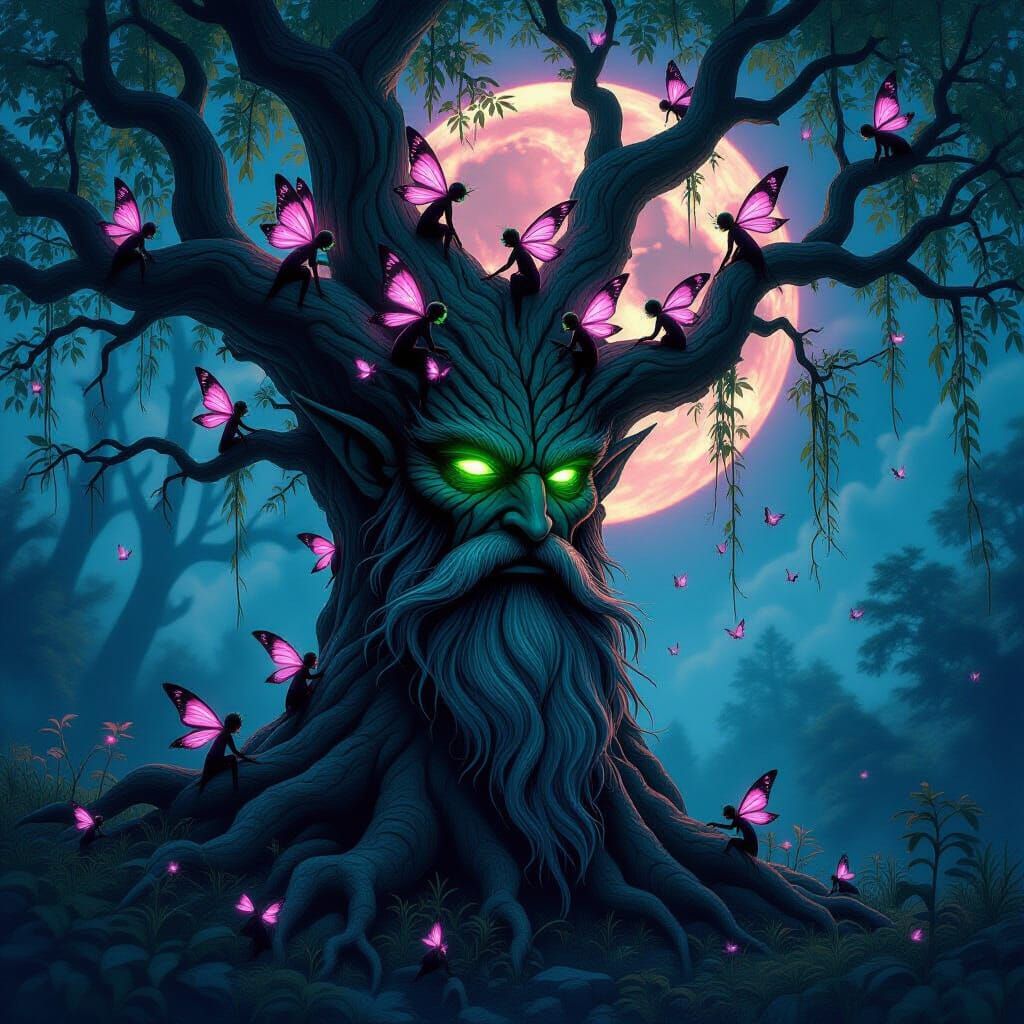 Bioluminescent Fairies Swarm Willow Tree Nymph Under Blood M...