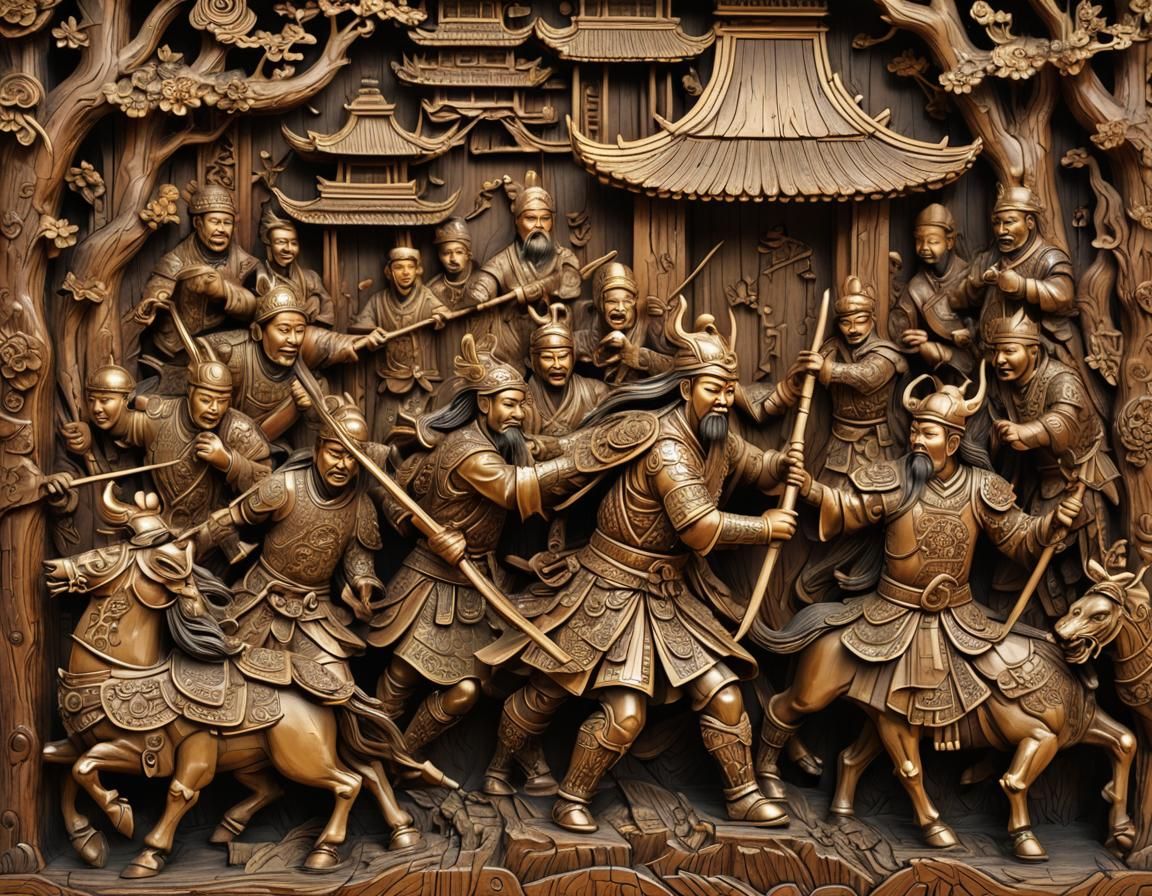 Chinese Tribes Battle: 3D Woodcarving in Folk Art Style