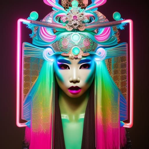 Futuristic Geisha with Neon Lights and Laser Eyes