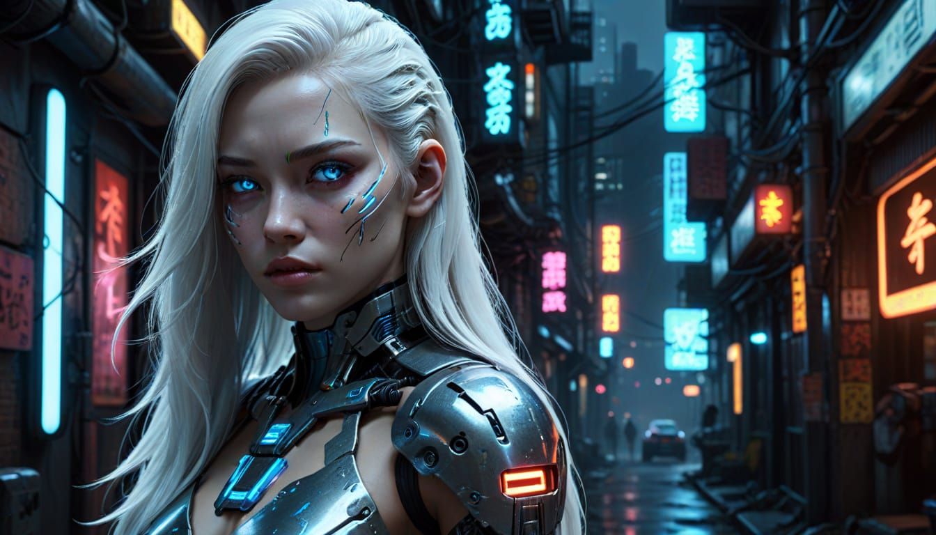Japanese Cyborg in Cyberpunk Neon Noir Style