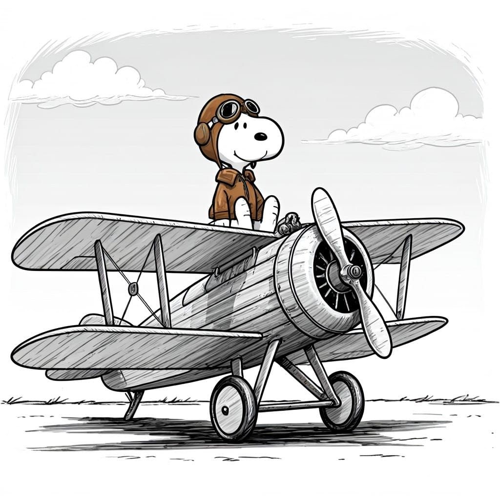 Black and white ink drawing of Snoopy as a WWI fighter pilot on top of his dog house