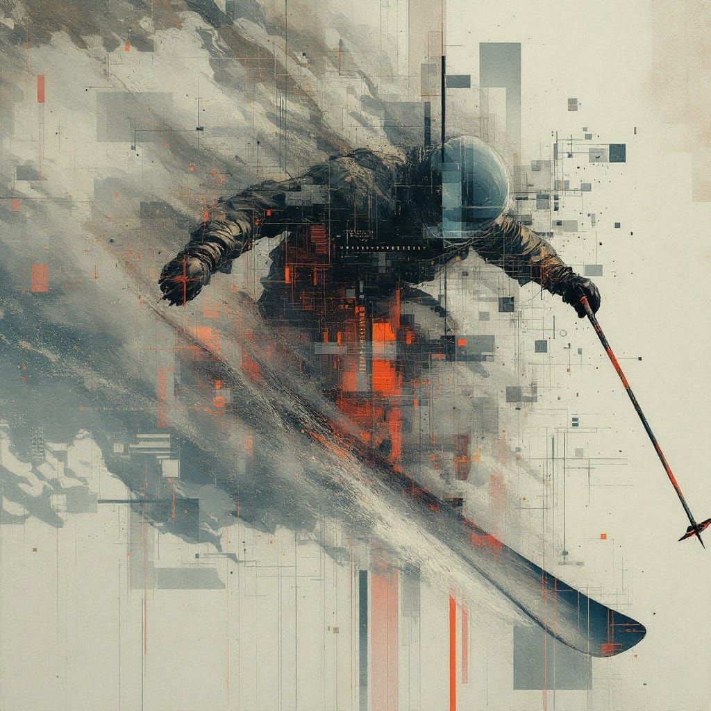 Corrupted Renaissance Figure in Mid-Ski Descent