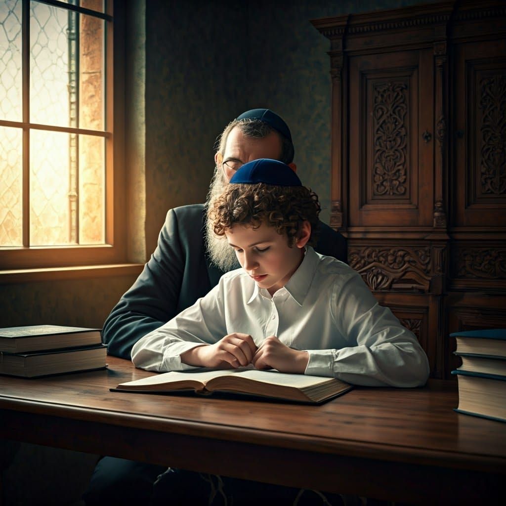 Hasidic Boy Studying, Illuminated by Golden Light