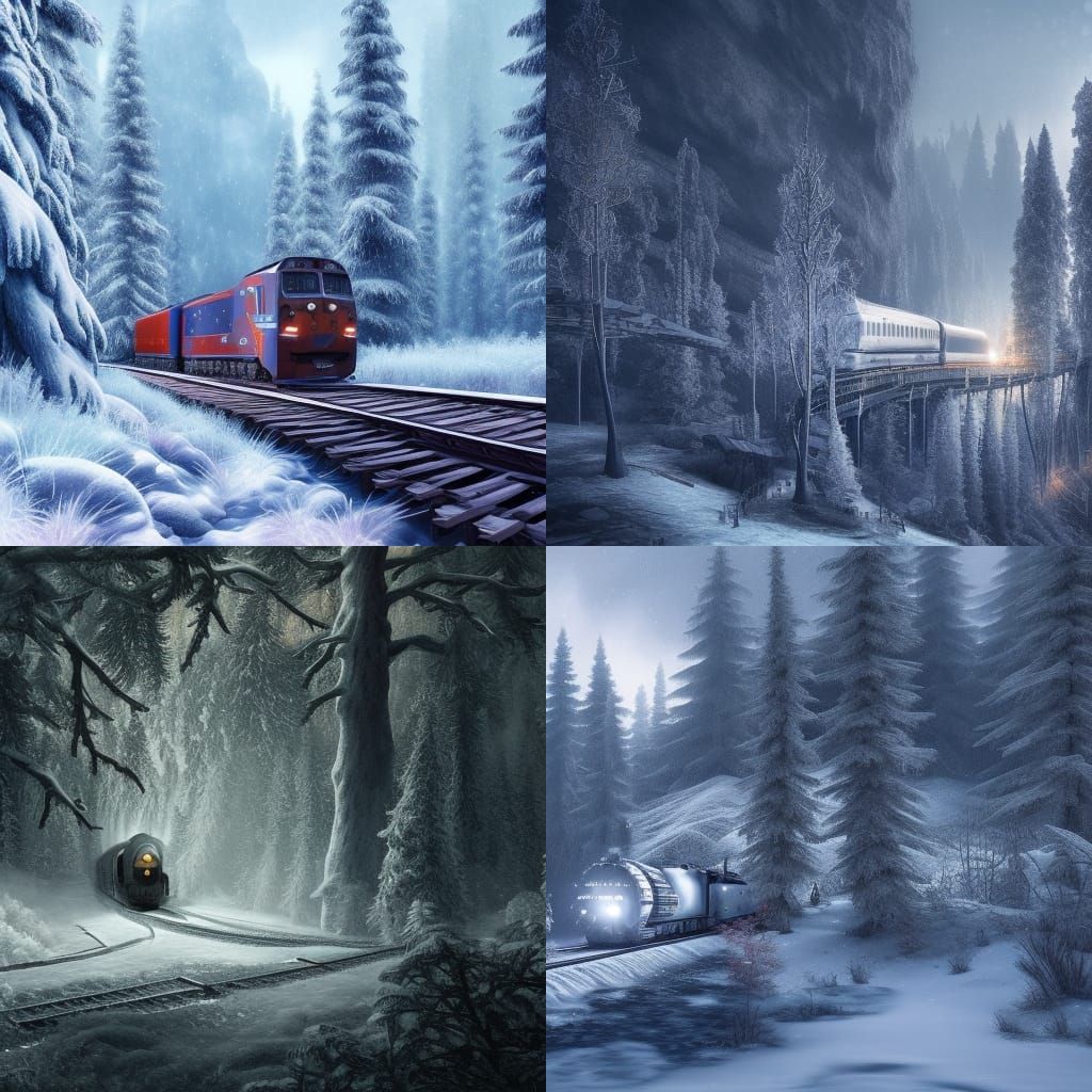 Train Journey Through Snowy Forest in Detailed Painting