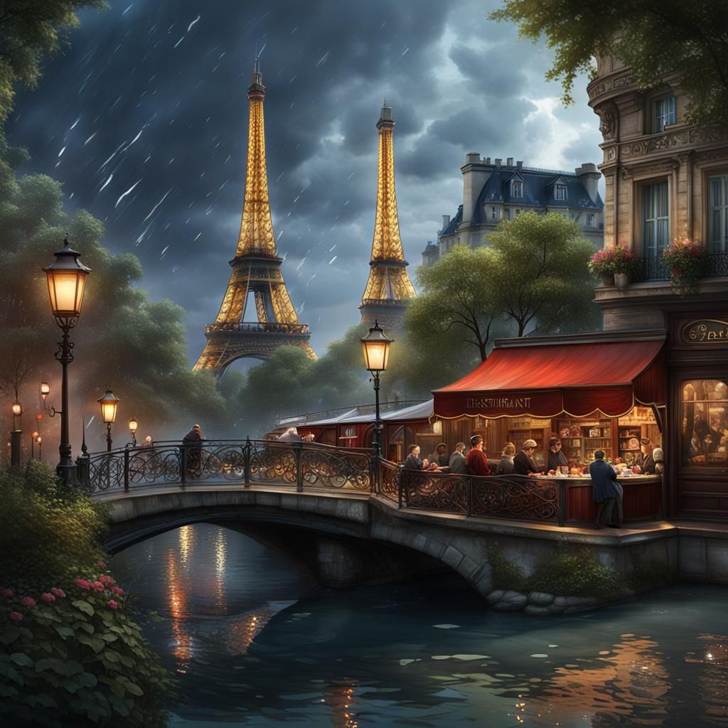 Rainy Day in Paris: Watercolor Painting of Cityscape