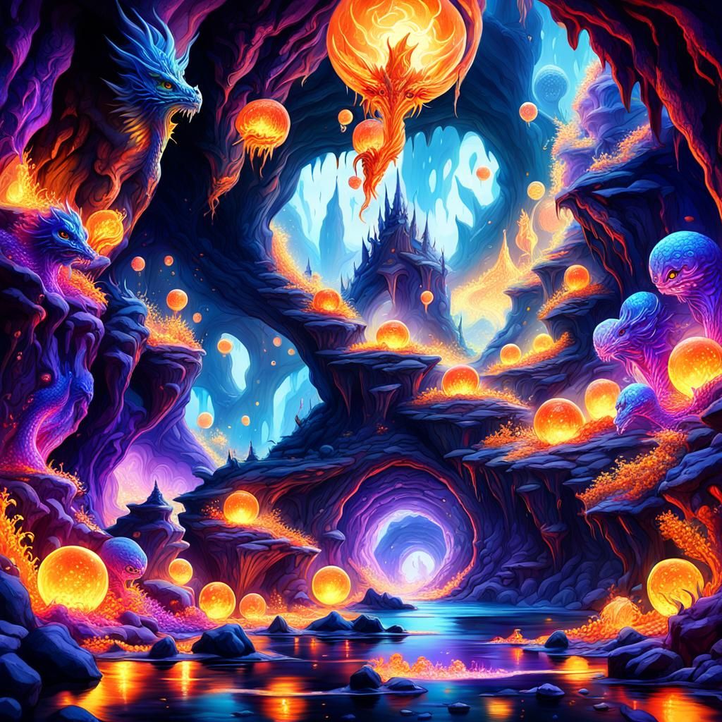 Glowing Dragon Orbs in a Fantasy Cave