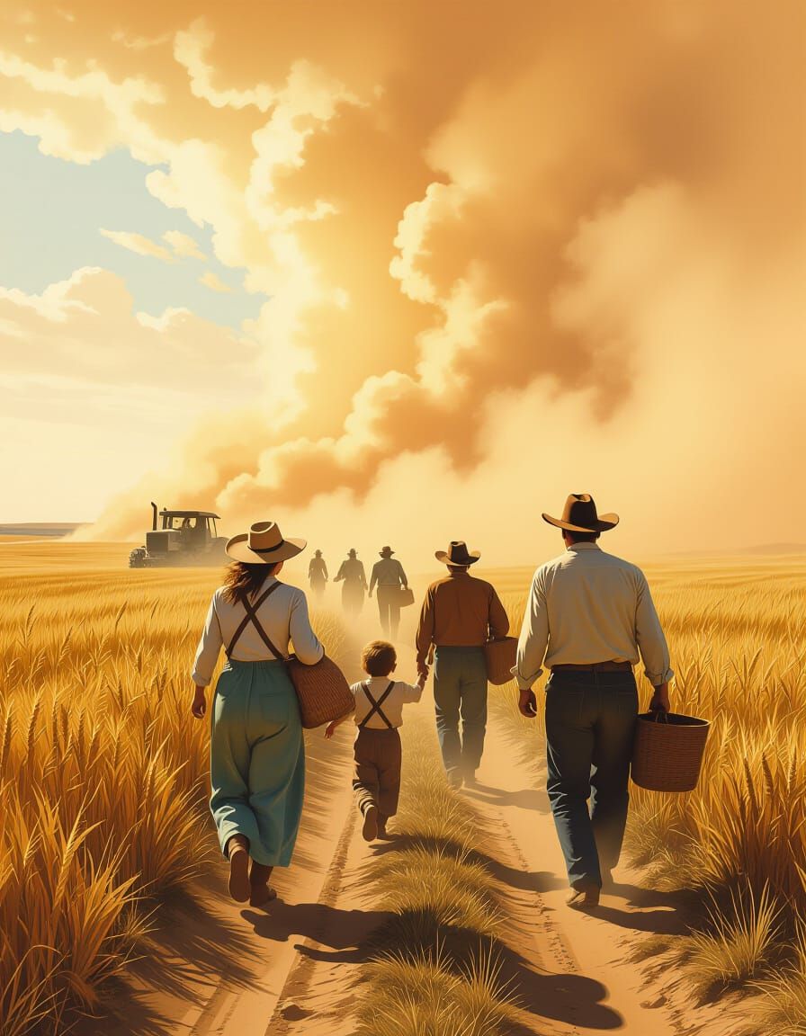 Dust Bowl Family Fleeing Storm, Retro Movie Poster