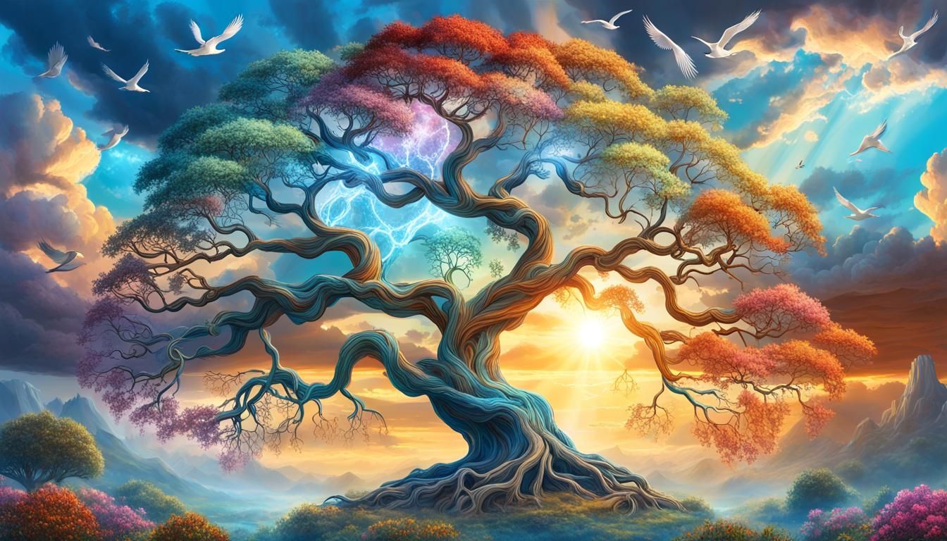 Magical Crystal Tree in Stormy Clouds at Sunset