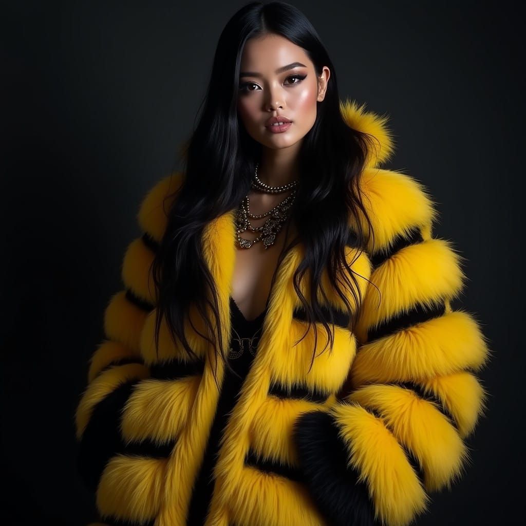 Avant-Garde Fashion Model Wears Bumblebee Fur Coat in Luxe E...