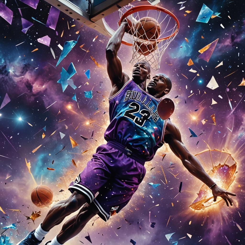 Michael Jordan Dunks Through Space-Time: Surreal Sci-Fi Art