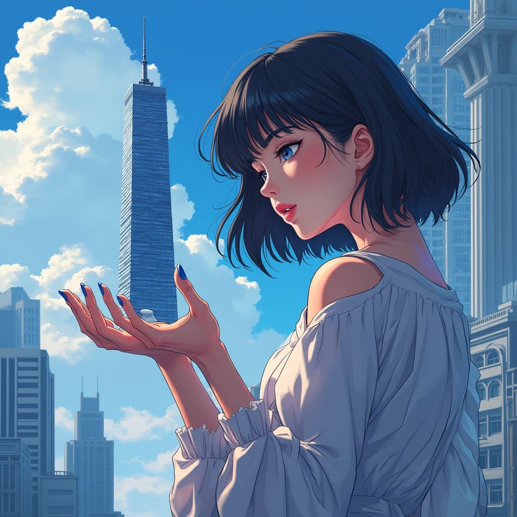 Giant Girl Holds Skyscraper: Manga Scan Style