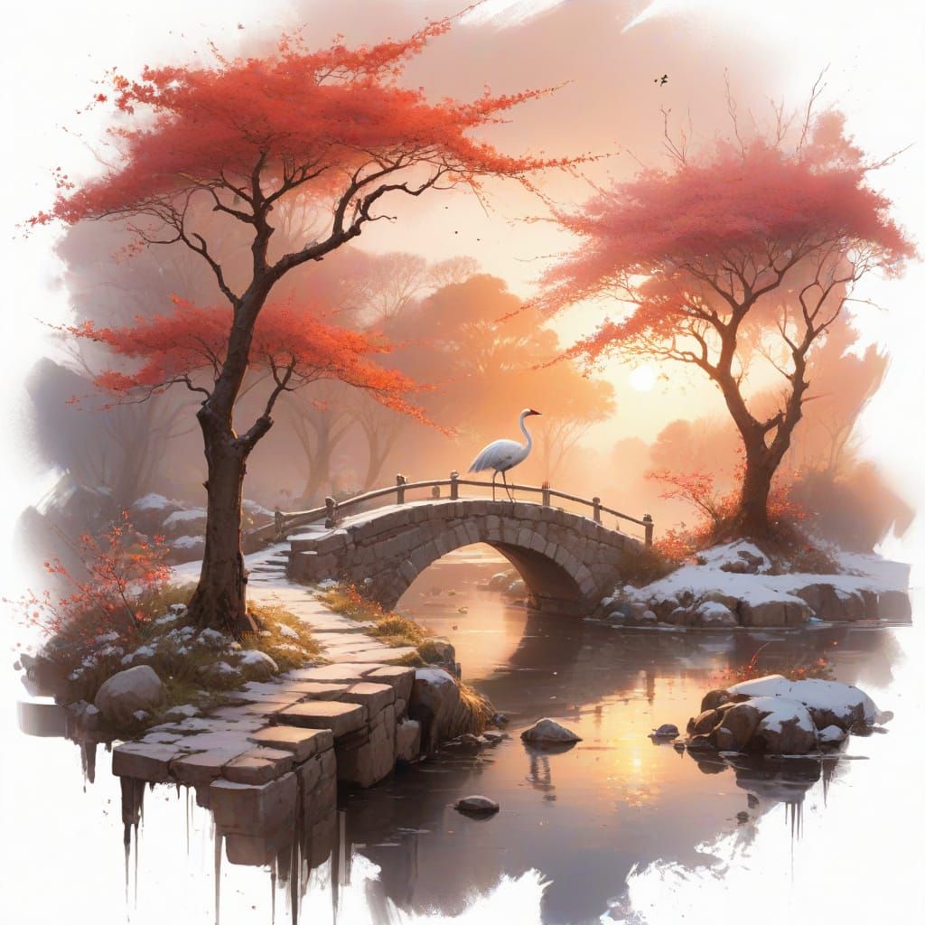 Crane Bird in Winter Tea Garden Watercolor