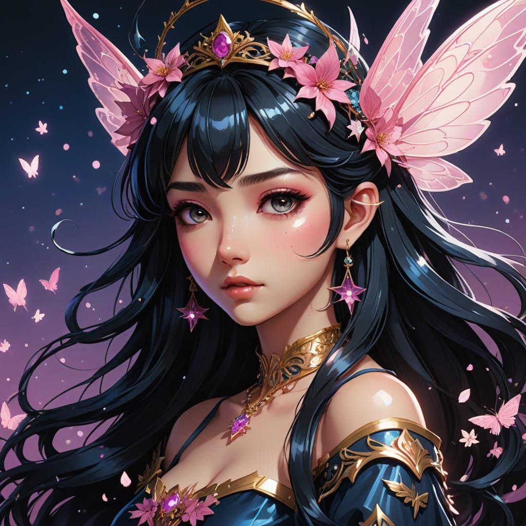 Regal Black Fairy Princess in Cel-Shaded Style