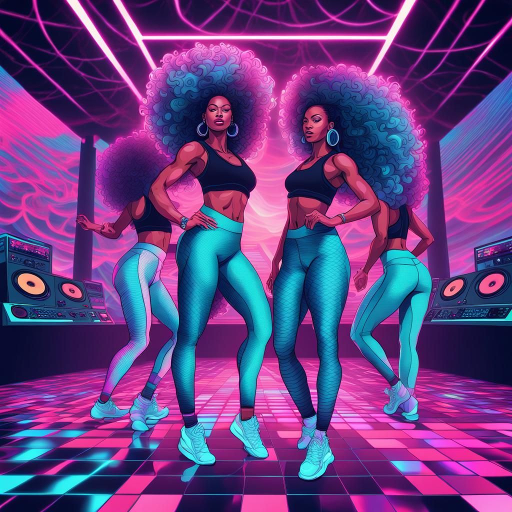 Vaporwave Aesthetic scene of keep fit girls with big hair wearing fitted leggings and leg warmers