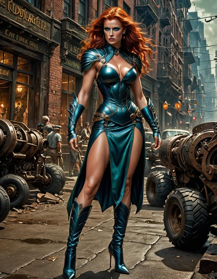 redhead in tight dress in high heels