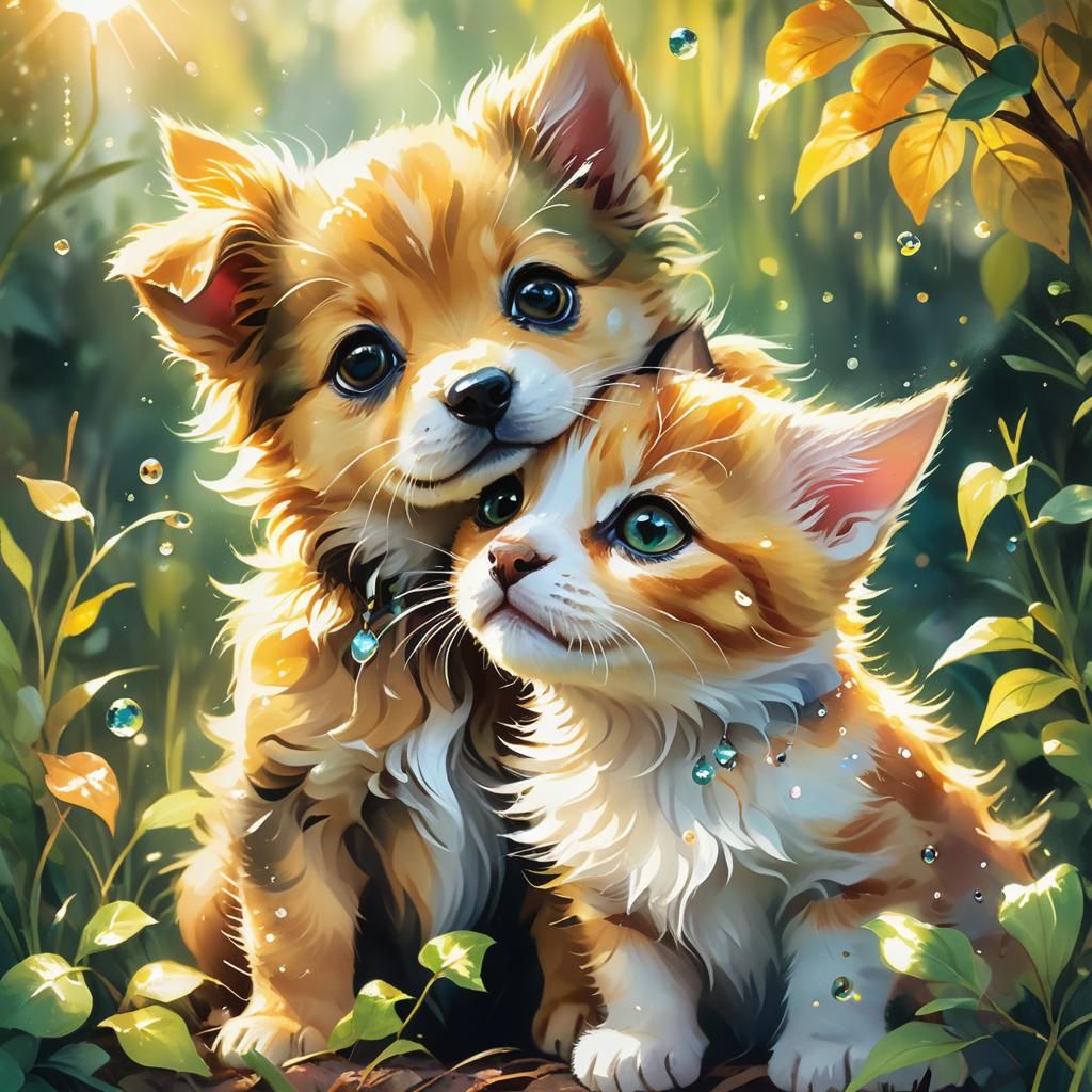 Puppy Kitten Hybrid in Vibrant Watercolor Style